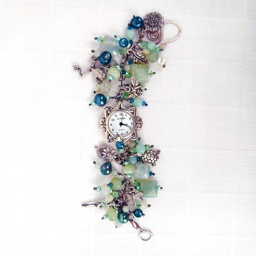 Stunning Handmade Geneva Beaded Nature Charm & Beads Watch Bracelet Silver Teal